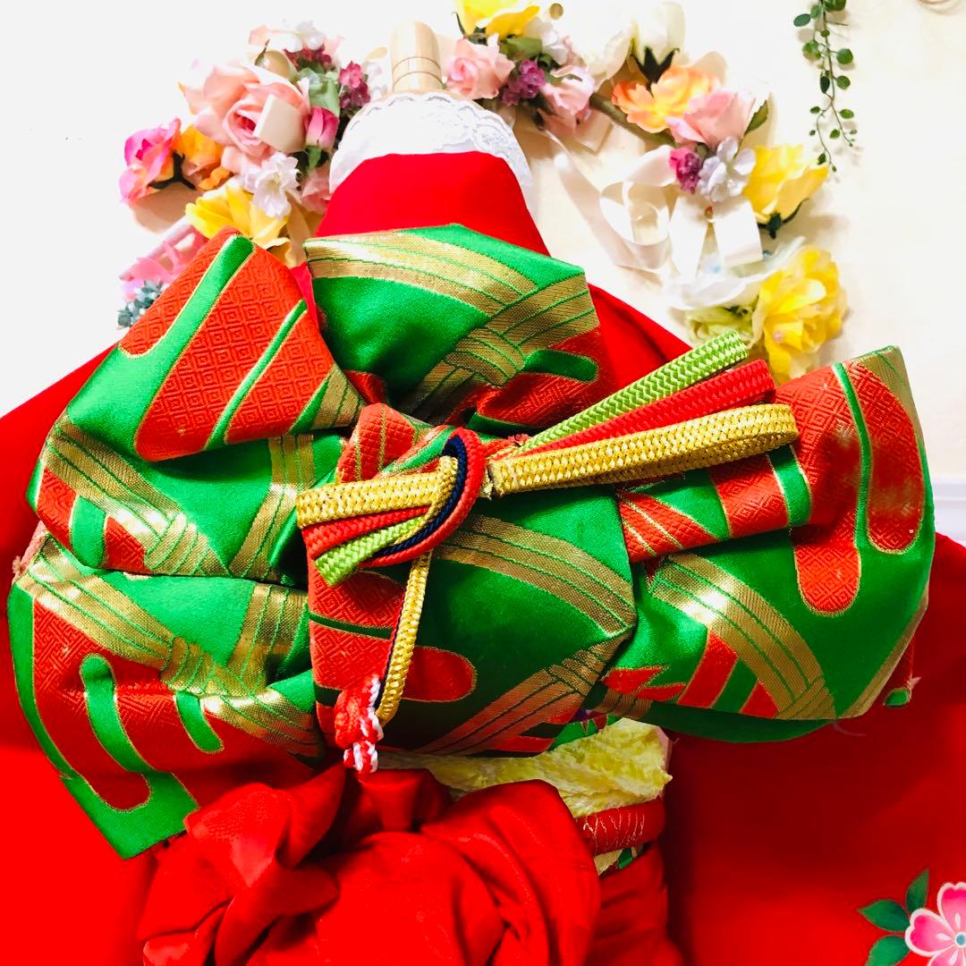 七五三七歳❣️新品着物✨赤地手毬蝶々花金彩⭐︎作り帯楽々⭐︎完全フルセット銘品