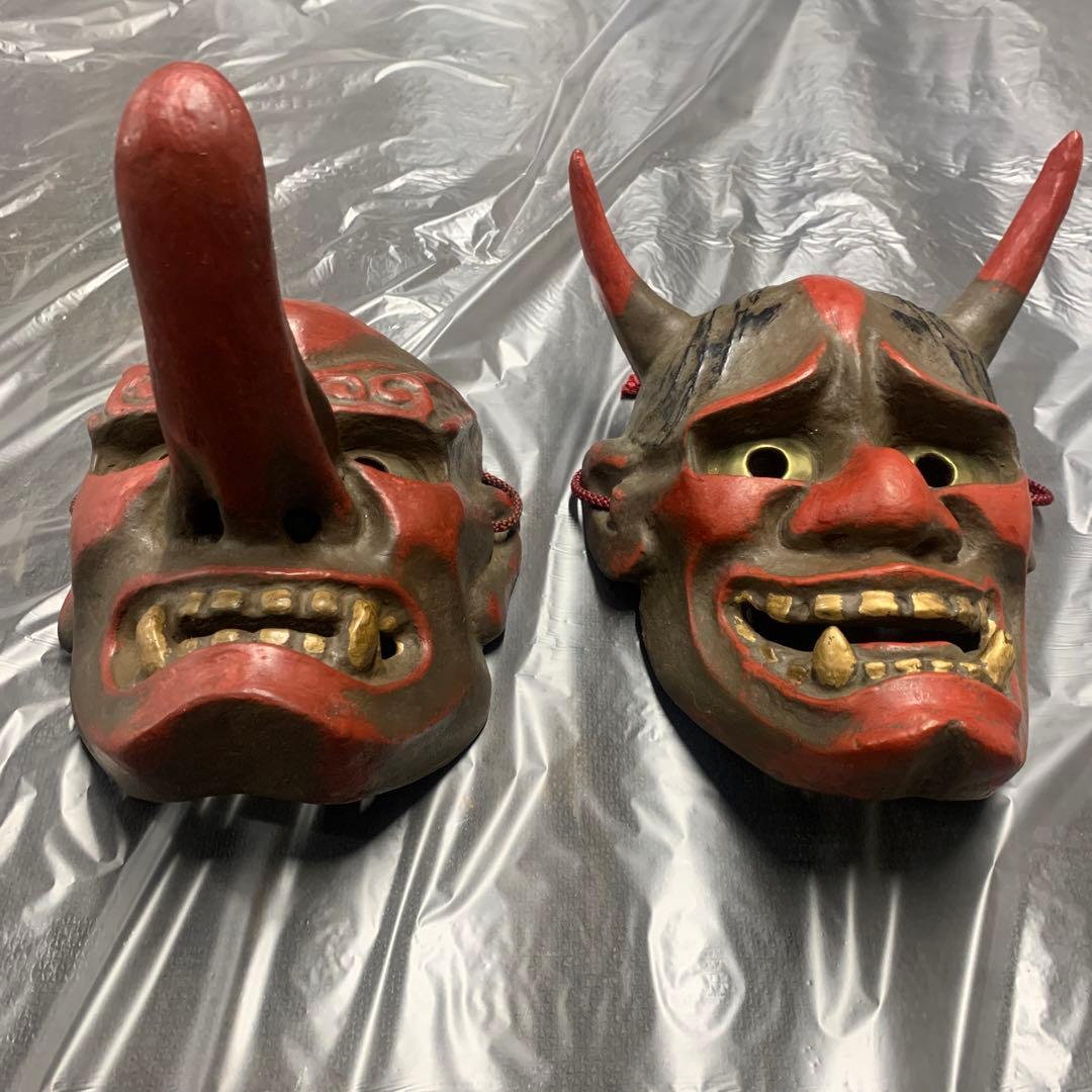 希少 美品 古い御面セット 鬼の面 天狗の面 般若 陶器 骨董品 日本伝統