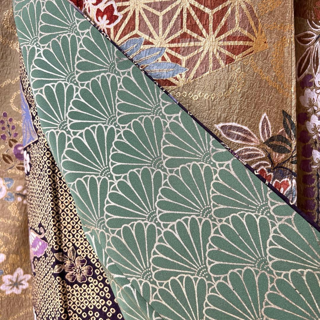 382 振袖フルセット 正絹 カーキ 茶 金彩 暈し染め 鈴乃屋 シック くすみ