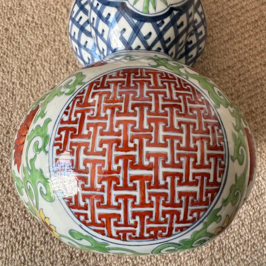 大清雍正年製 瓢箪型花瓶 壺 木製台座付き 粉彩 中国古