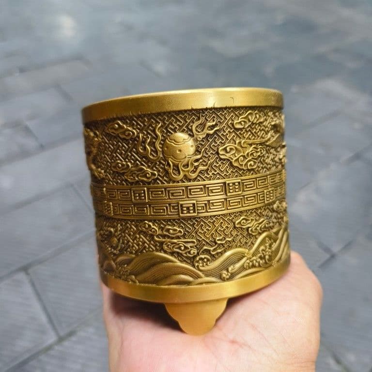 銅 細工 レリーフ三足龍鳳筆筒 筆置 筆棚 書道具 文房具工芸品美術品 置物