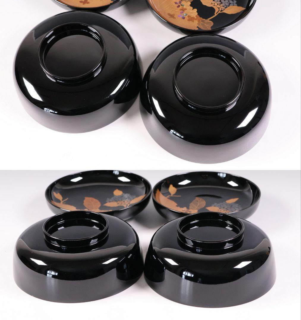 MB189】天然木漆塗 紫陽花と葵 金蒔絵 螺鈿入 黒塗 煮物椀 二客 昭和期