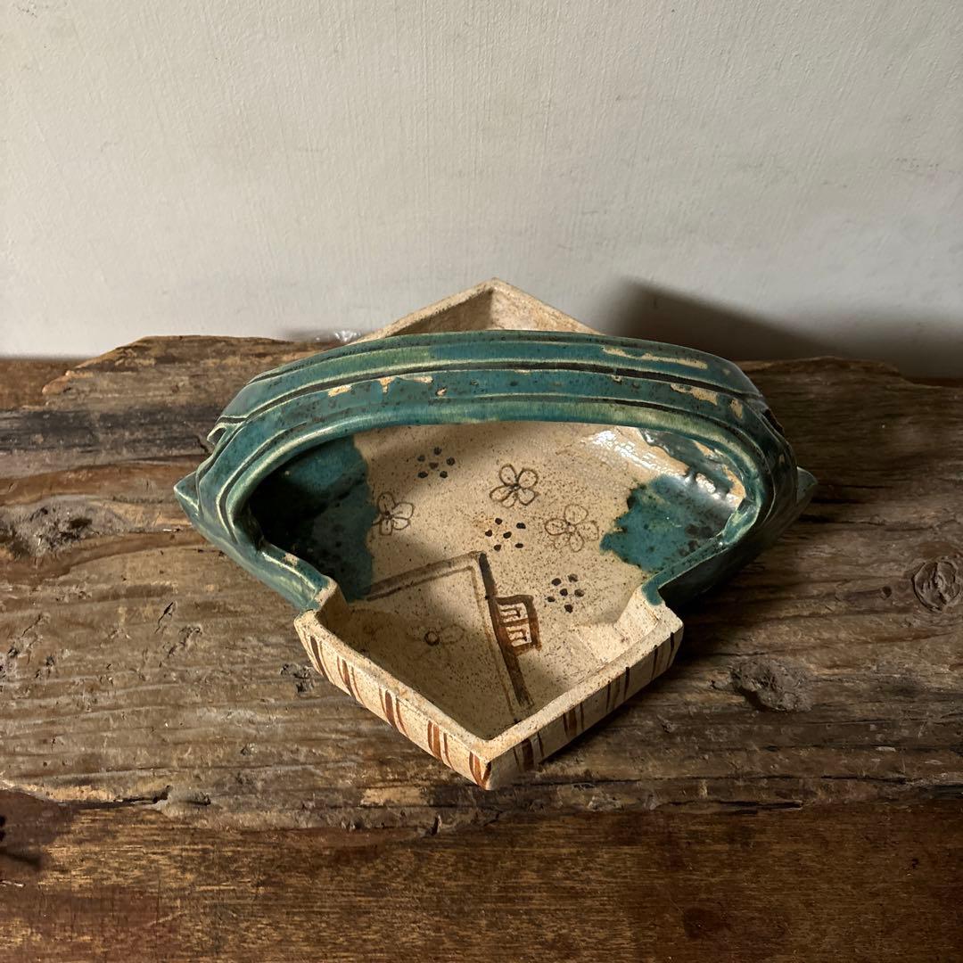 時代 織部松皮菱形手鉢 手付菓子鉢 懐石 瀬戸 志野 古美術 茶道具 検