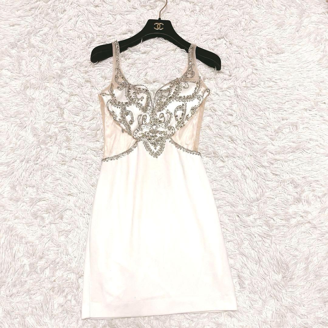 IRMA キャミソール ビジュー レース 刺繍 タイト ミニ ドレス 白 S