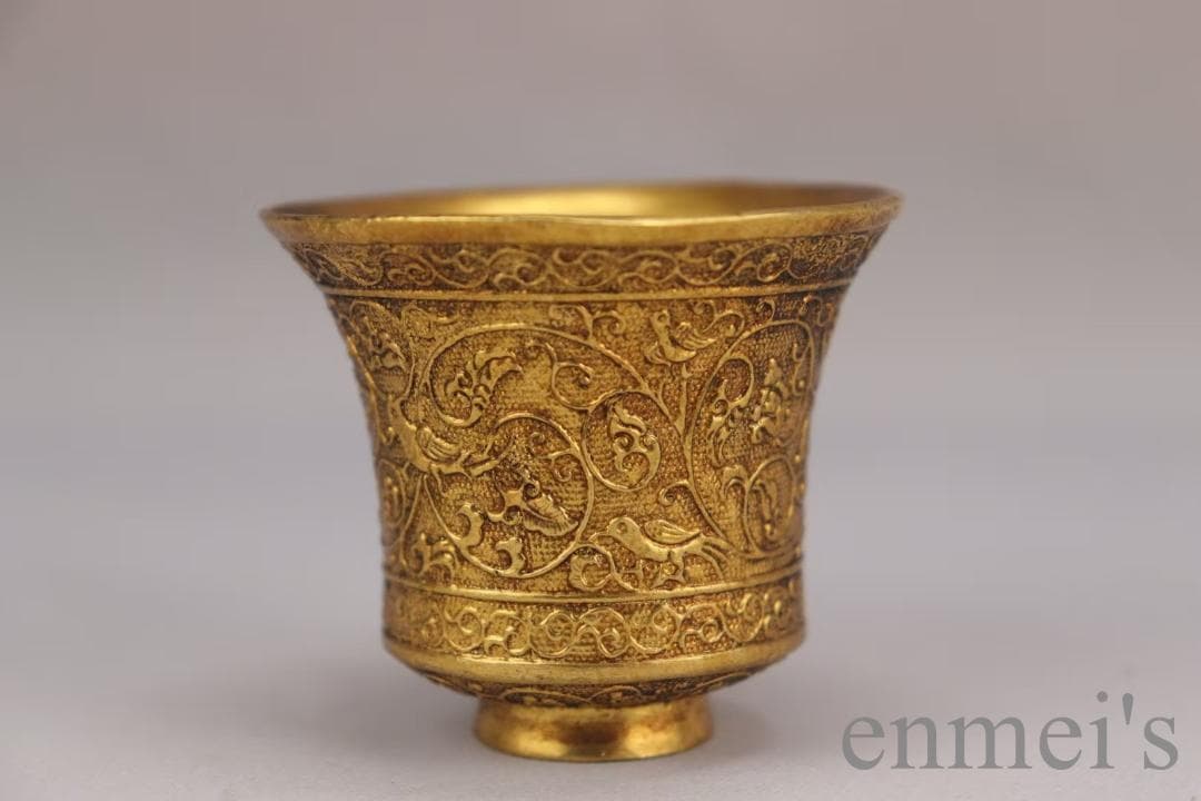 中国古美術 旧蔵 唐代 大唐貞觀款 鍍金銅酒杯 精銅製
