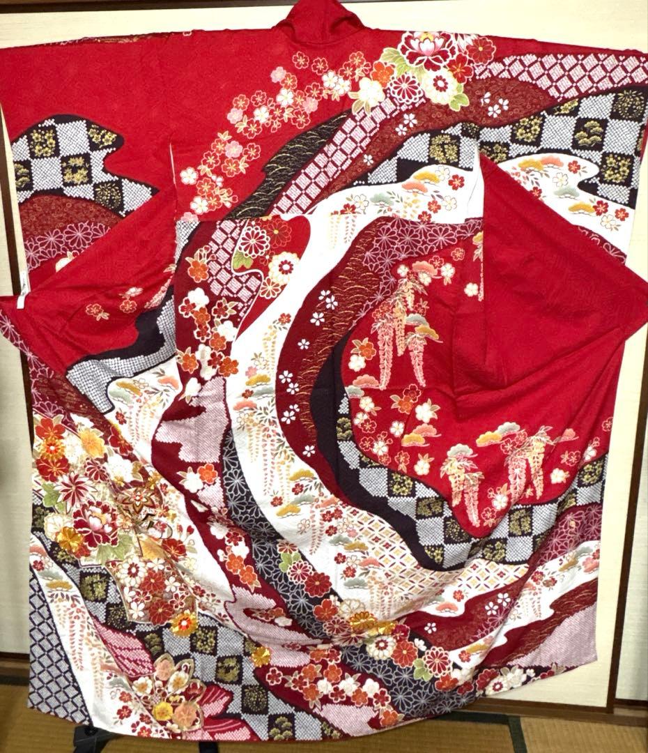 赤 吉祥文様 華 振袖 身丈161