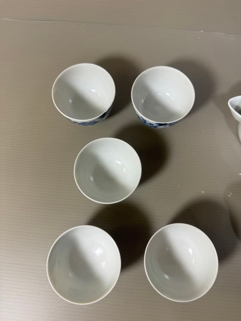 2334 平安草仙 染付青花 茶器セット 宝瓶1客 湯冷し1客 湯呑5客 鉢付き
