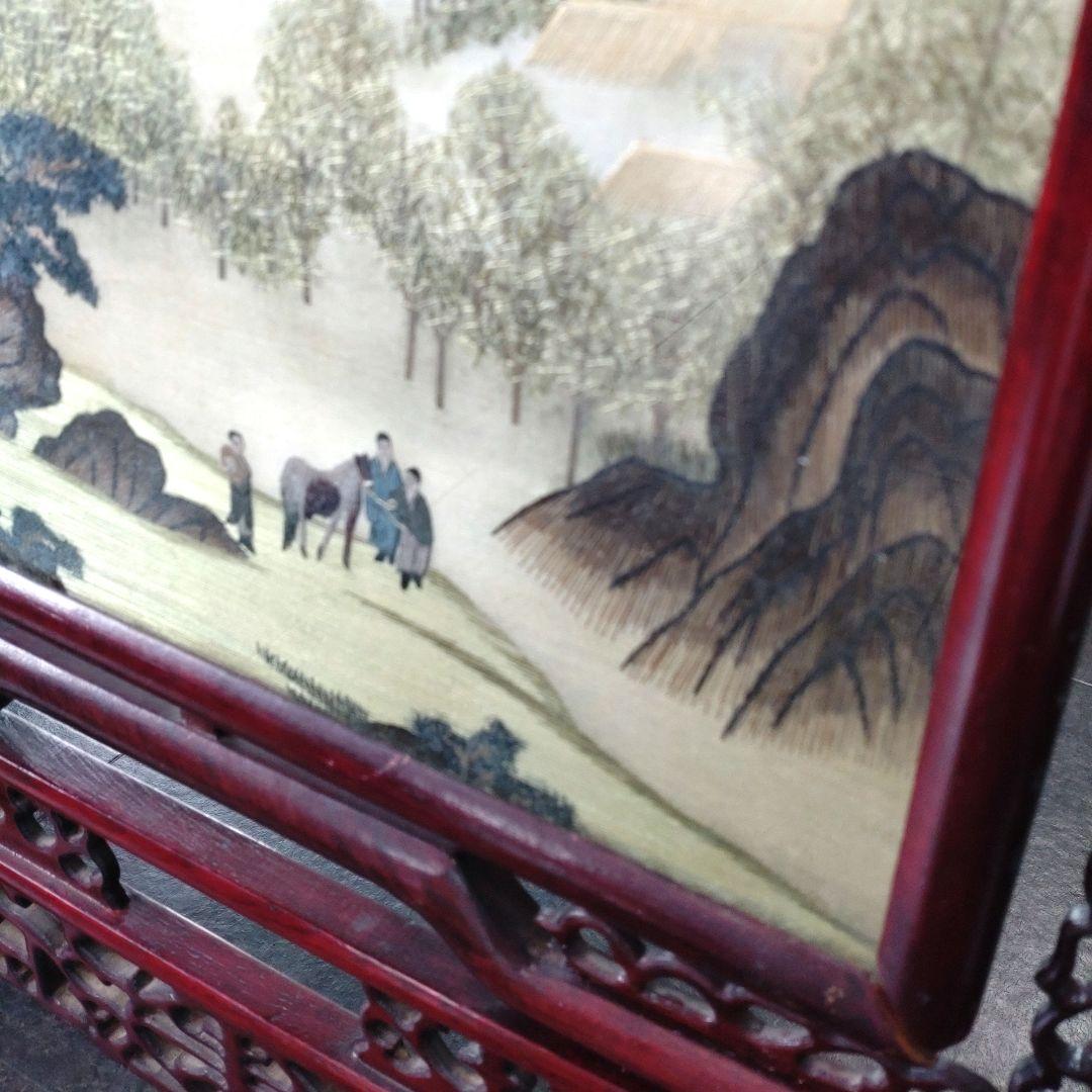 希少 古代中国】刺繍 両面ガラス細工 唐木 古玩 骨董品 装飾品 山村海