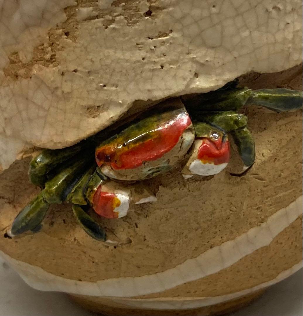 B388s 蟹彫茶碗　蓋付　玉井楽山作　天神蟹　愛媛　伊予　楽山焼　キズ有