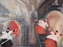 【真作】絵画　油彩　舞踏の情景　赤と白の衣装　Y187