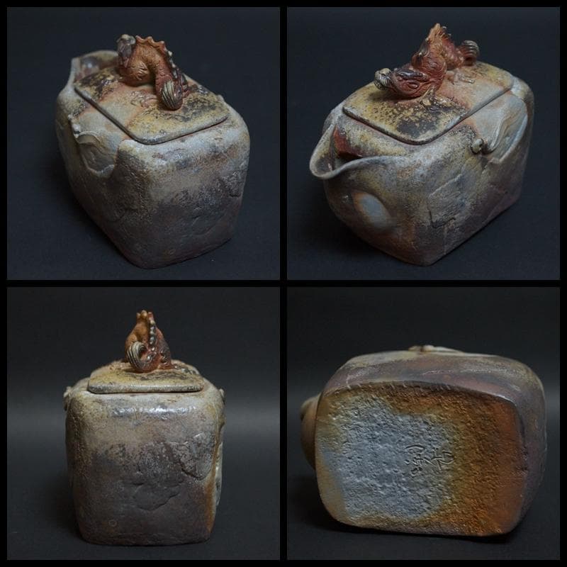 備前焼 小西陶古造 窯変 細工浮彫り立体『雲龍』角宝瓶 急須