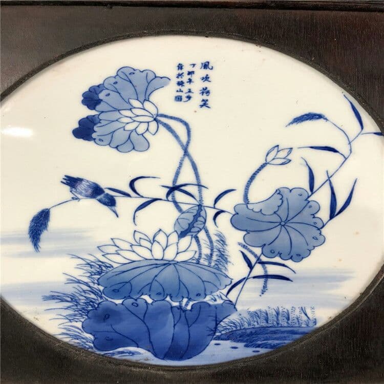 陶磁手描き青花風吹荷笑陶板絵古木枠象眼陶板古典的なインテリア