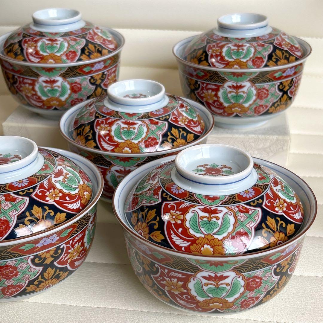 醍醐窯 蓋付きどんぶり揃 5客 丼ぶり 蓋付き碗 色絵 金彩古