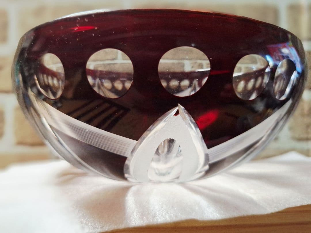 未使用！江戸切子 江戸被切子 深鉢 赤きりこ 18cm サラダボール 硝子鉢