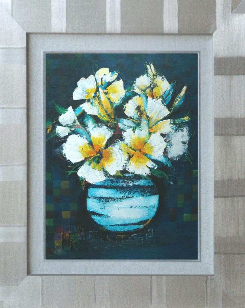 油絵 菅家令子 絵 絵画インテリア 額付(青緑＋金色の枠)uF6-063604