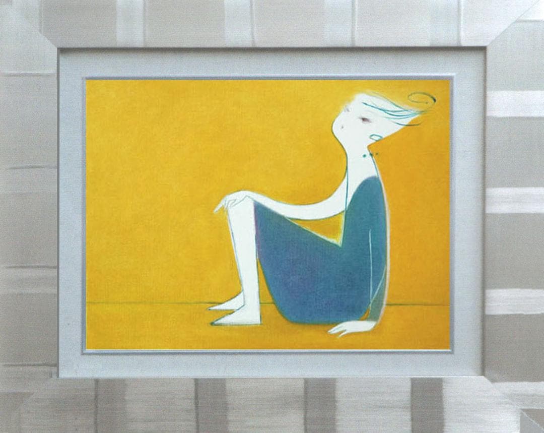 油絵 菅家令子 絵 絵画インテリア額付(青緑＋金色の枠) F4-071612女性