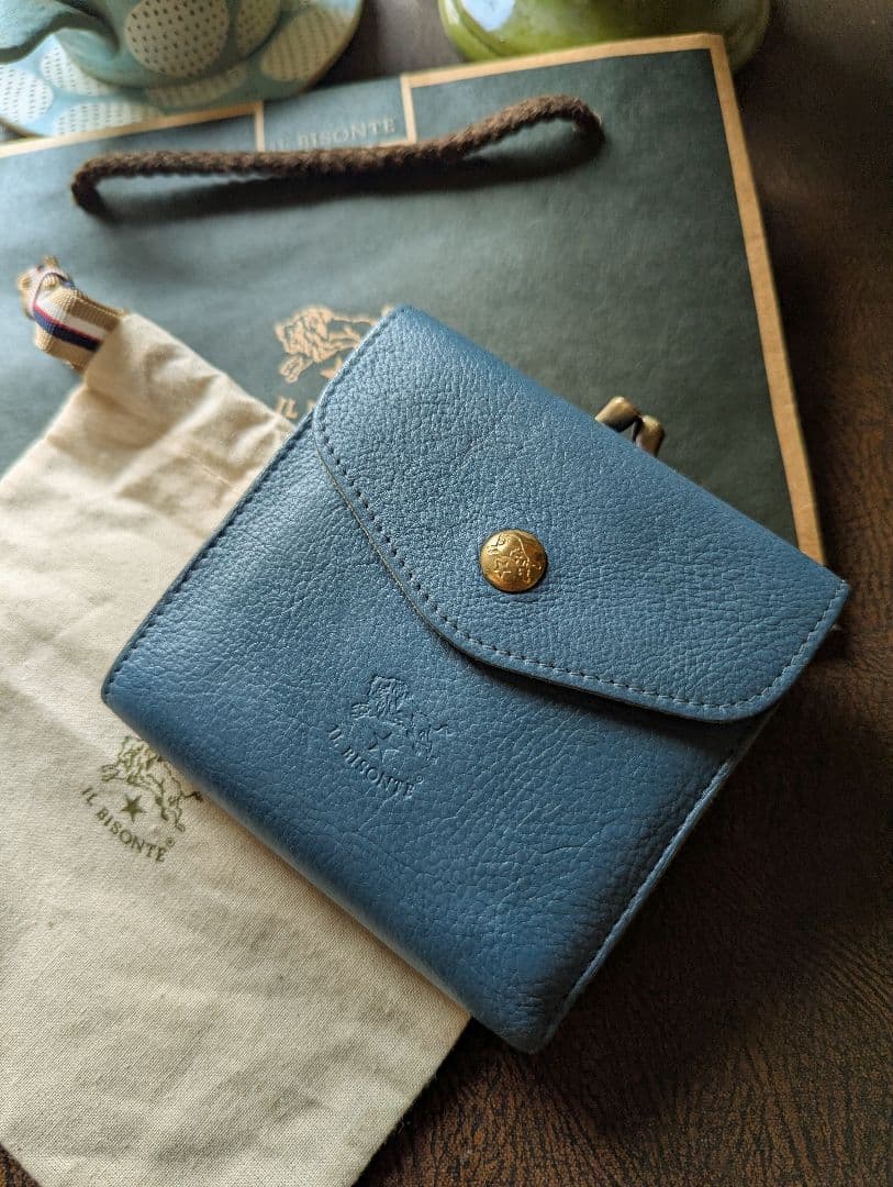 イルビゾンテ【限定色デニムブルー】2つ折り財布 がま口 シボ加工 希少 男女兼用