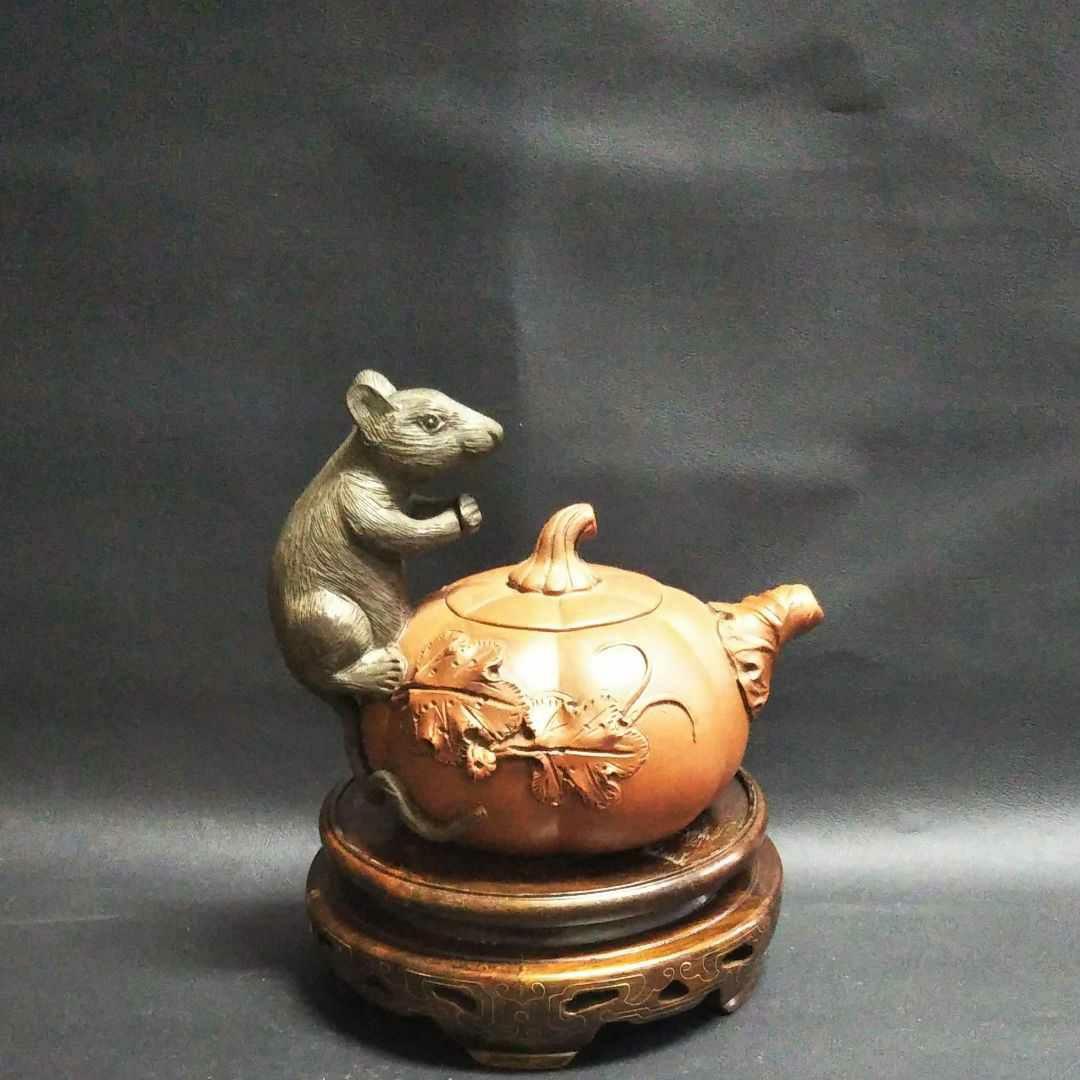 中国古美術/朱泥南瓜鼠紋茶壺/(底款有り)