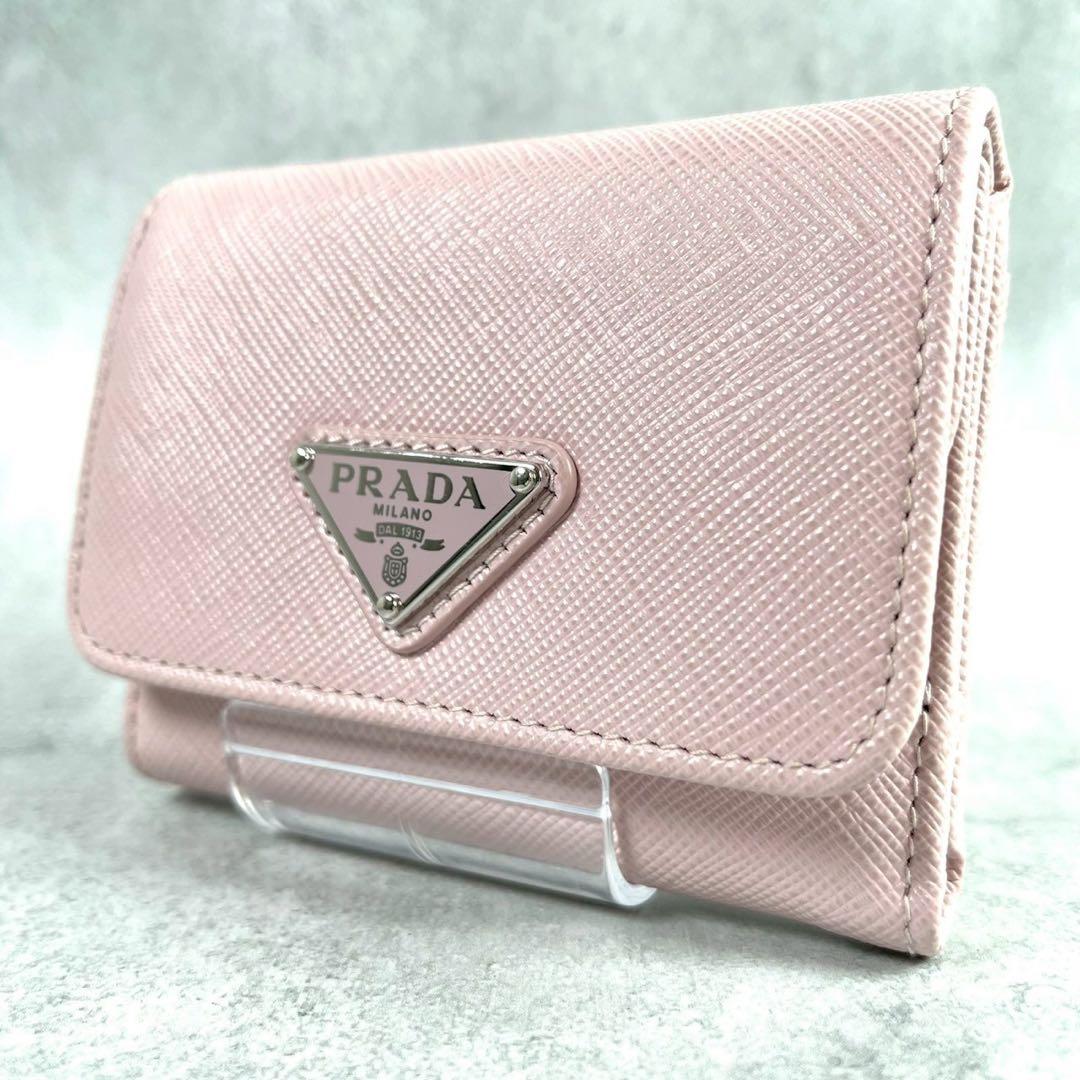 極美品✨PRADA 三つ折り 三角ロゴ サフィアーノ レザー ピンク 財布