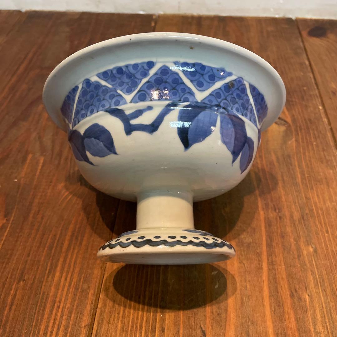 美品 古伊万里 染付の器 江戸時代 肥前 磁器 高杯 金継ぎ 染付の絵柄が