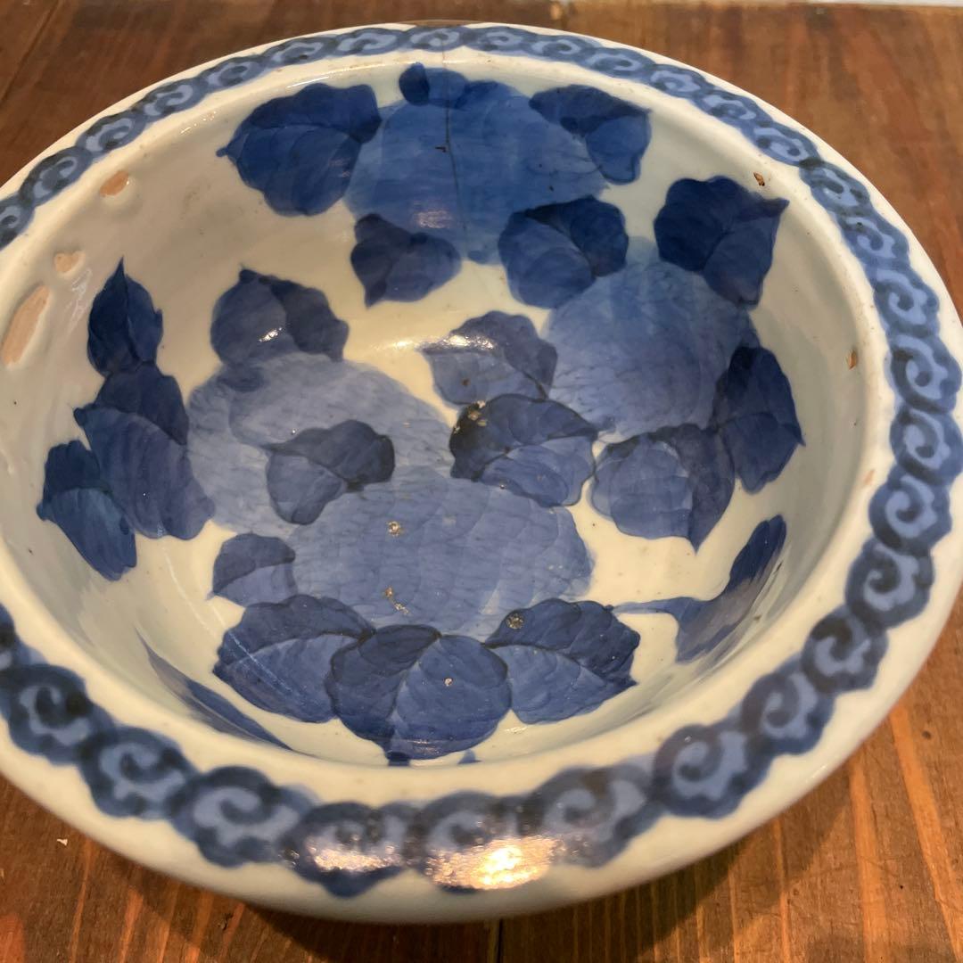 美品 古伊万里 染付の器 江戸時代 肥前 磁器 高杯 金継ぎ 染付の絵柄が