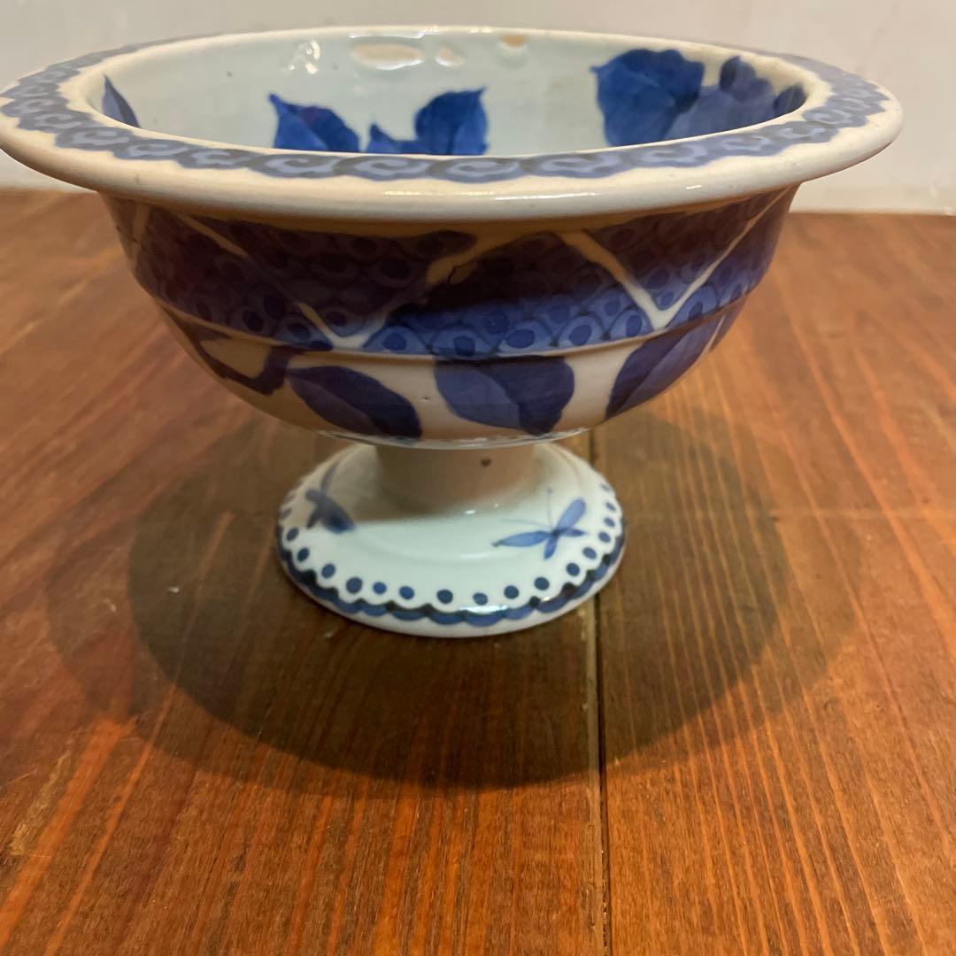 美品 古伊万里 染付の器 江戸時代 肥前 磁器 高杯 金継ぎ 染付の絵柄が