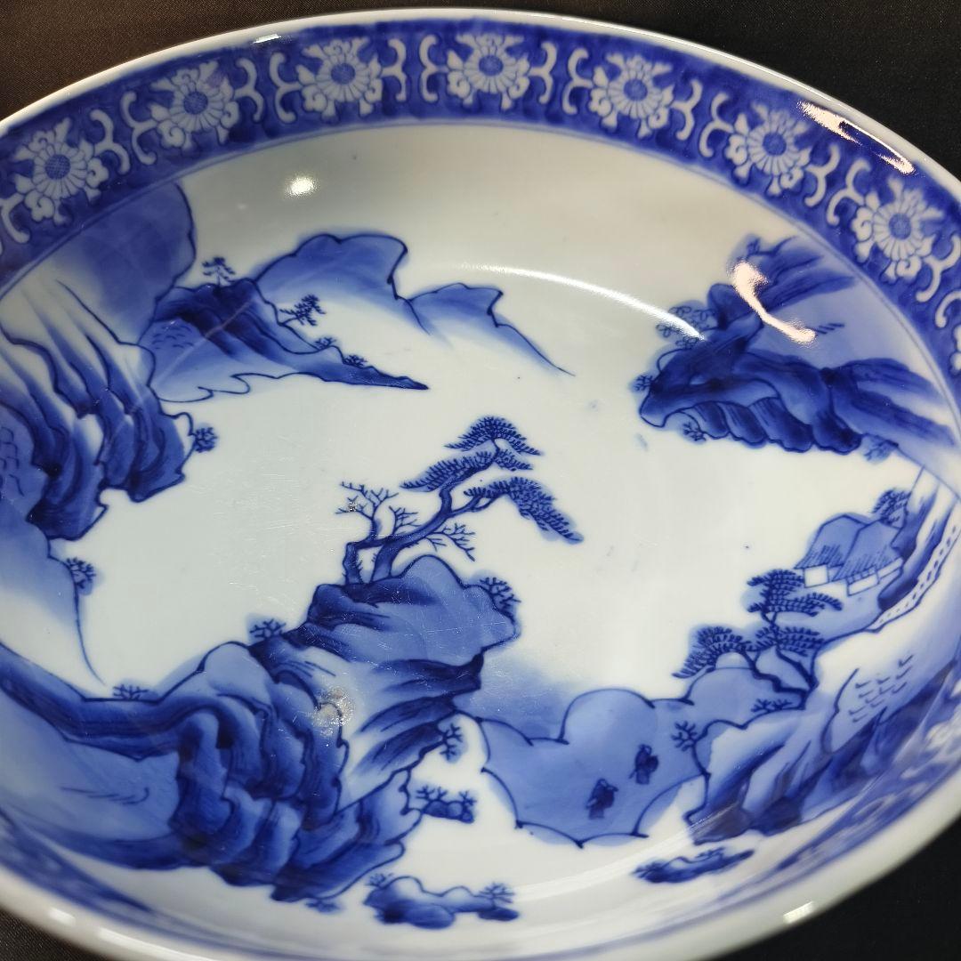 古伊万里 染付三つ鉢 山水風景文 手描き 明治骨董 古美術品 蒐集家放出
