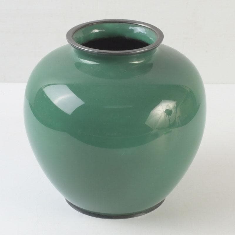 七宝焼 安藤七宝店 純銀刻印 緑釉 花文 花瓶 V 9659