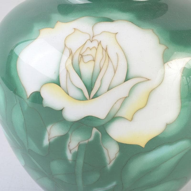 七宝焼 安藤七宝店 純銀刻印 緑釉 花文 花瓶 V 9659