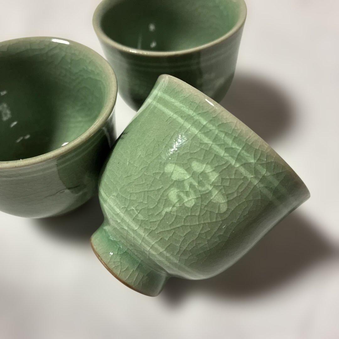 お猪口 高麗青磁 盃 3客 飛鶴文 貫入 韓国人間文化財 申相浩