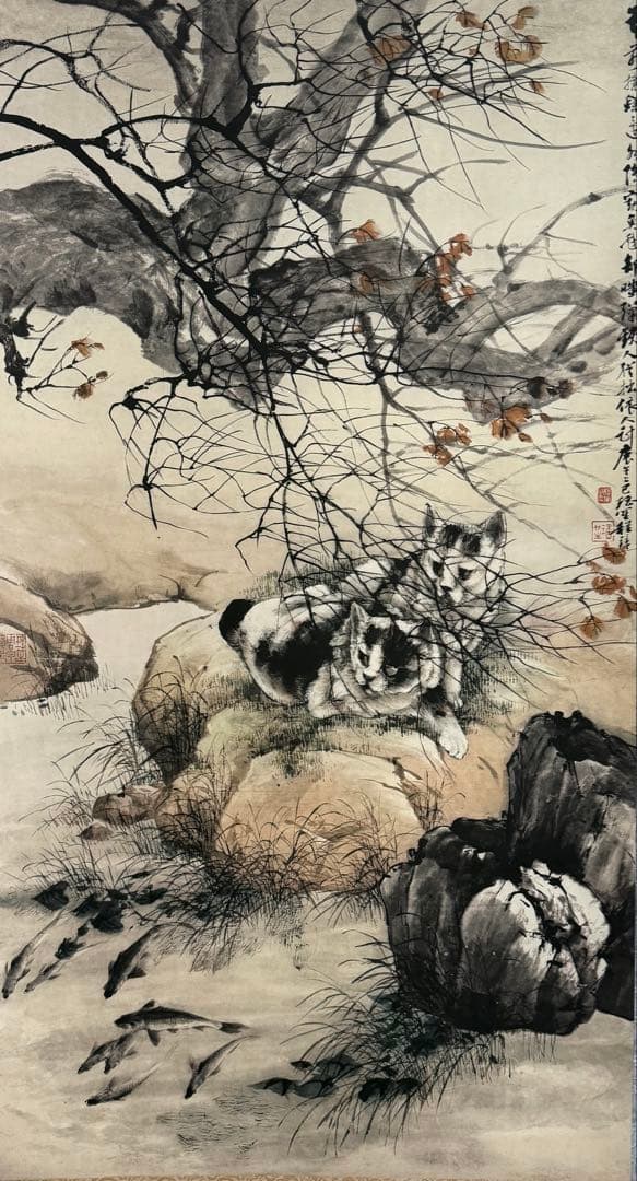 中国 明時代 程璋 雙猫窺魚圖 絹本 原色複製 ◇検故宮