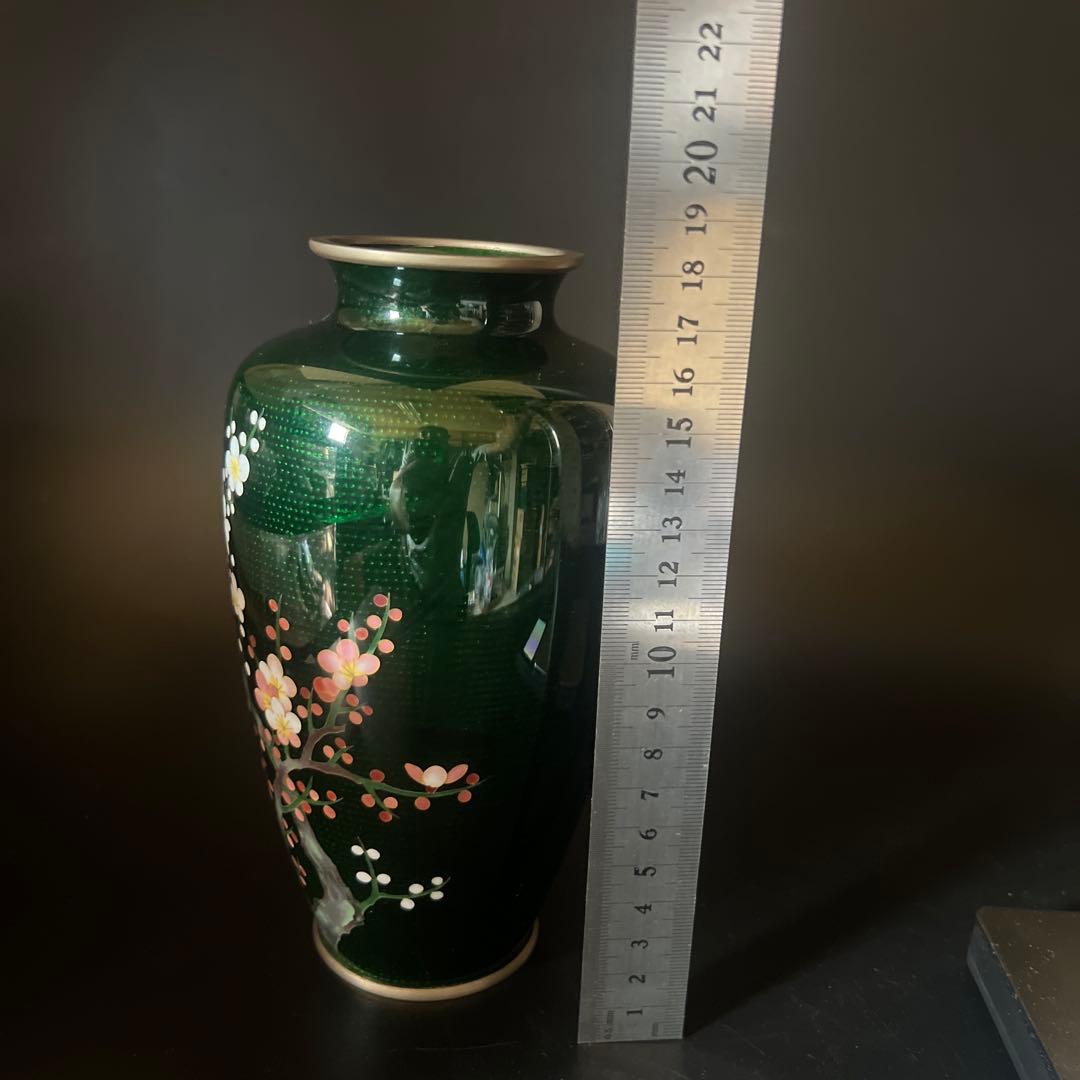 安藤七宝焼梅菊竹珍しい深緑系花入れ花瓶華道刻印有極上工芸金属工芸