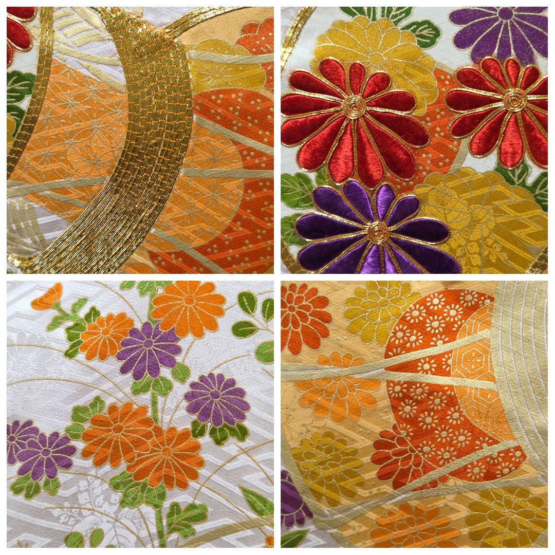 B◇着物くつろぎ 鼓に菊模様 金彩 金駒刺繍 白 袷 正絹 成人