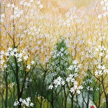 絵画「早春～ こぶしの咲くころ」　水彩画