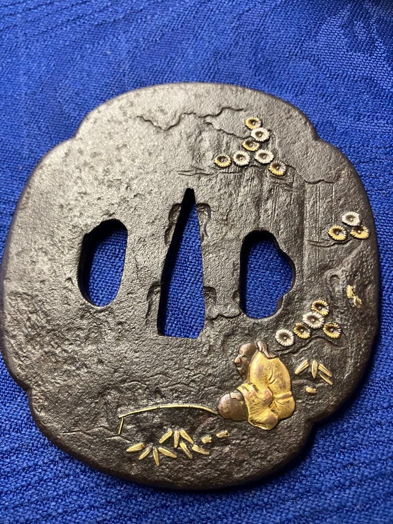鍔　大刀鍔　日本刀　時代物　金銀象嵌　太公望　武具　刀