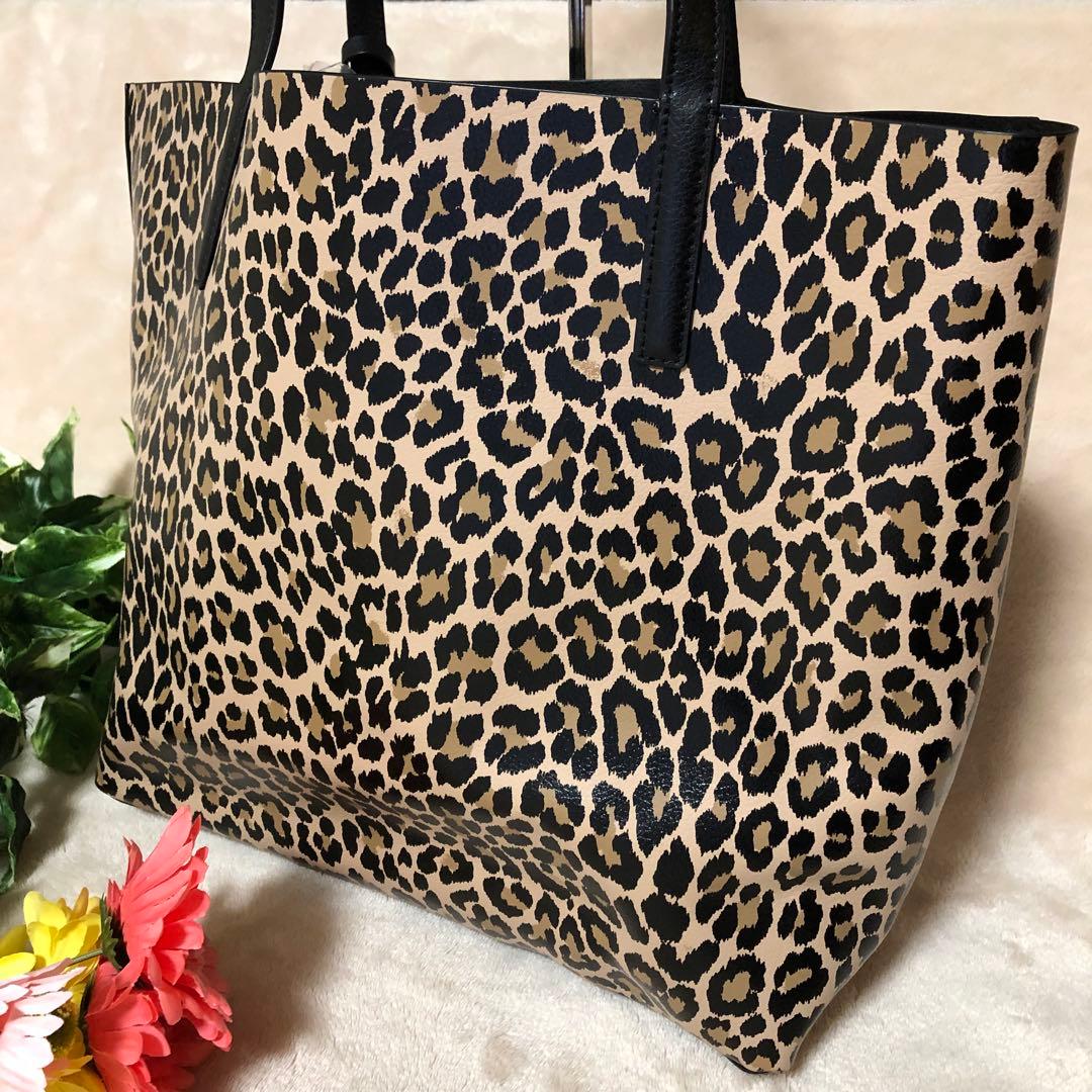 極美品　ケイトスペード　トートバッグ　リバーシブル　ポーチ付き　レオパード柄　黒