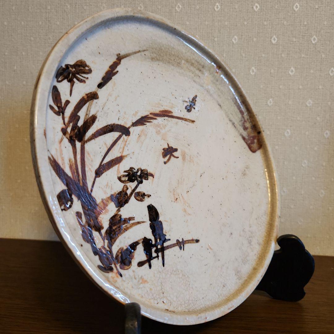 慶應 江戸後期 絵瀬戸 鉄絵 石皿 秋草行灯皿 油皿