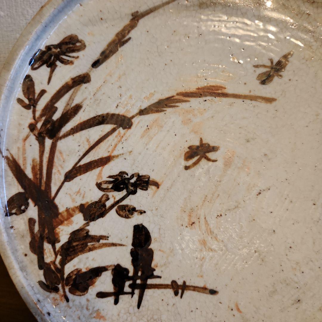 慶應 江戸後期 絵瀬戸 鉄絵 石皿 秋草行灯皿 油皿