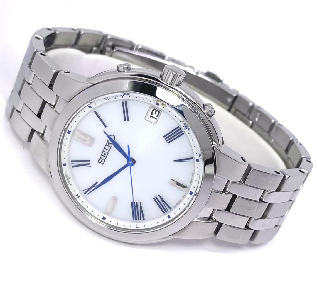 SEIKO☆セイコー☆電波ソーラー☆腕時計☆ホワイト文字盤×ブルー針☆日本製