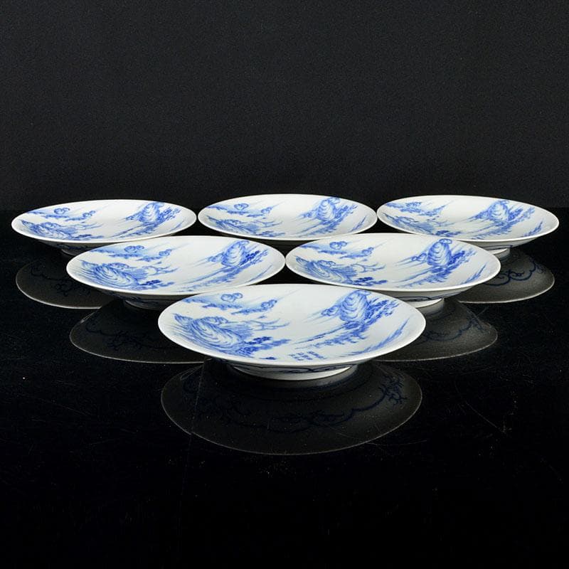 肥前平戸焼 嘉祥作 染付 漢詩山水画 六寸皿 六客 共箱 M R4532B - メルカリ