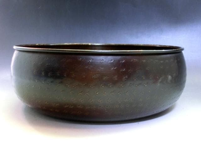 建水□大振り 古銅製 鉋目 平建水 こぼし 茶溢しお茶道具 古道具時代物