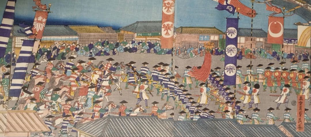 浮世絵版画、頼朝公行列圖三枚綴り、歌川貞秀画、慶応元年5