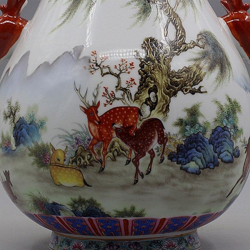 中国美術 両耳鹿頭福筒 開運 風水招財 陶磁器 装飾品 現代工芸