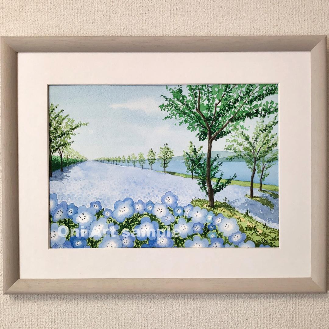 透明水彩画原画「コスモスの川辺」額縁付F4サイズ
