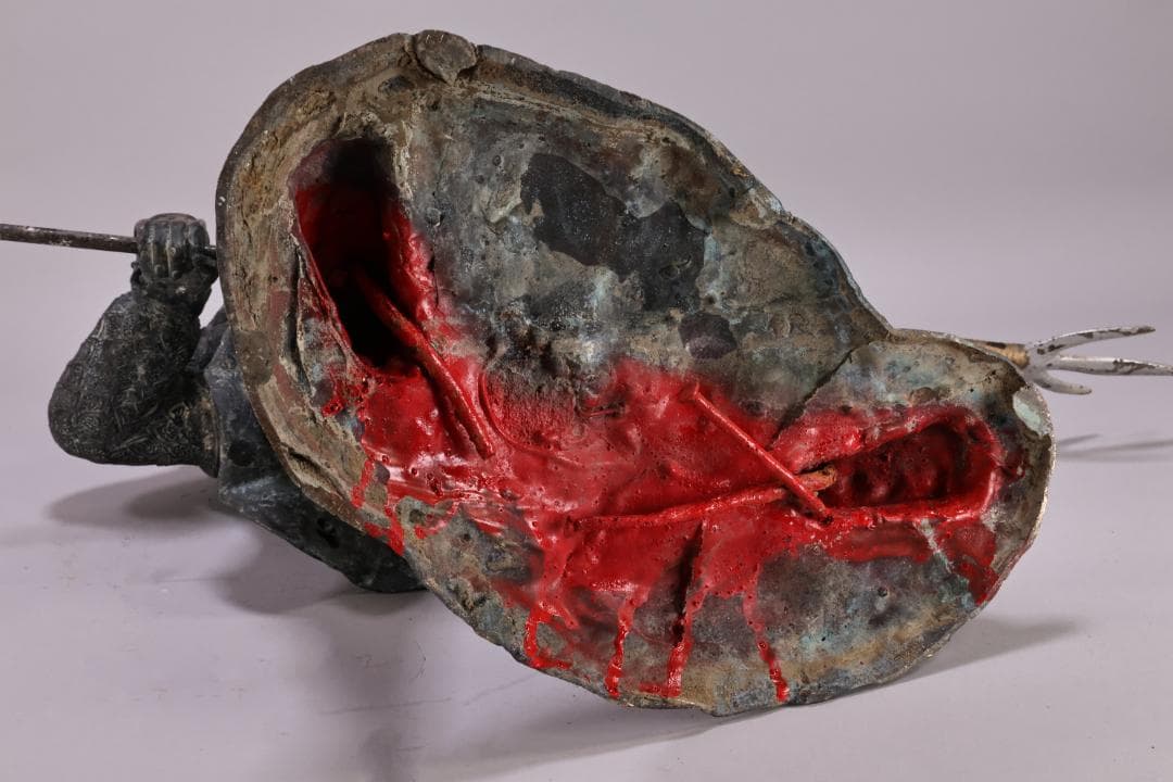 時代金工 明治期 ブロンズ像 加藤清正 薙刀 置物 床飾 高58㎝ BK091