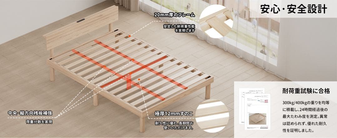 ベッドフレーム シングル ベッド 宮棚 2口コンセント すのこ 北欧パイン材