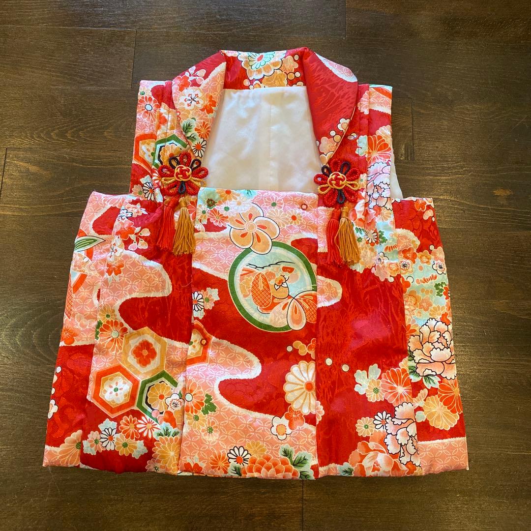 アンティーク 七五三 三歳 着物 被布 小物一式 フルセット 赤 鶴 正絹