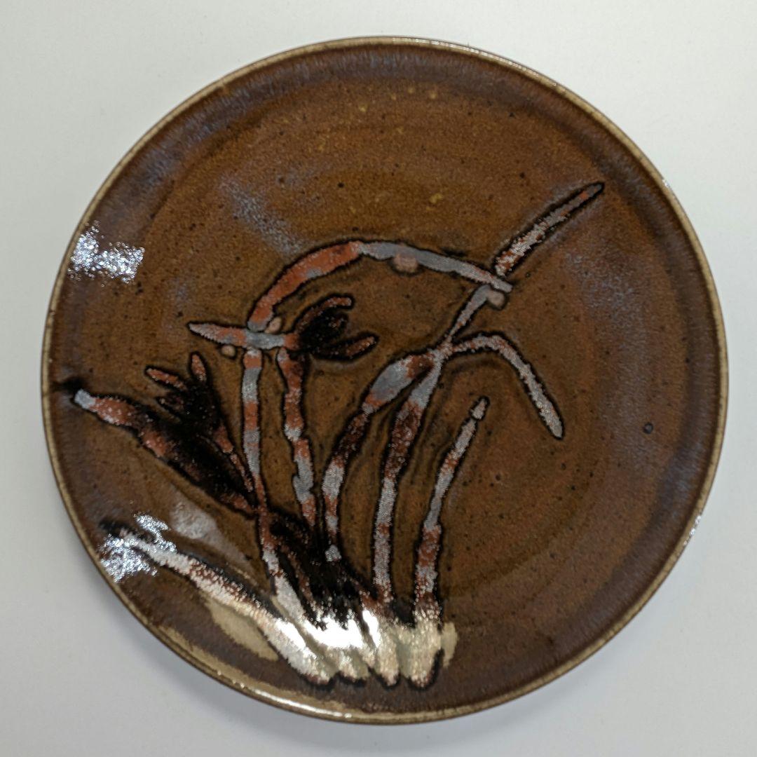 岡山県重要無形文化財 黒井一楽 虫明焼 鉄絵草文皿 5客 共箱 食器 在銘