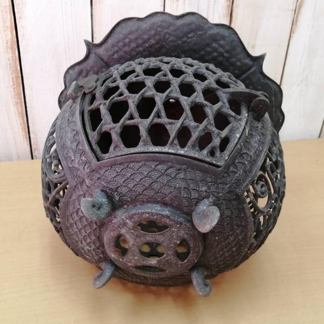 吊り灯篭 古い銅製 龍頭 青海波 菱花型 格子 吊り下げ灯 灯篭 丸型 足