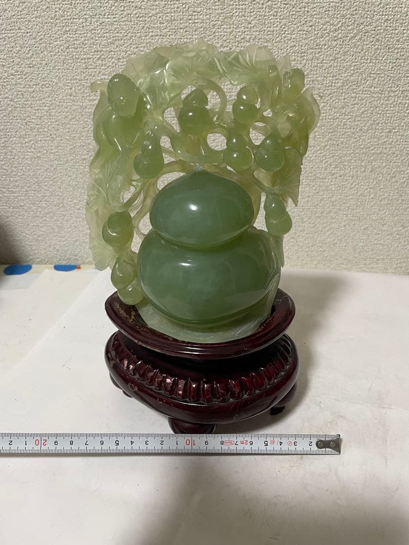 天然石 綠石彫刻瓢箪 置物彫刻 木製台座付き